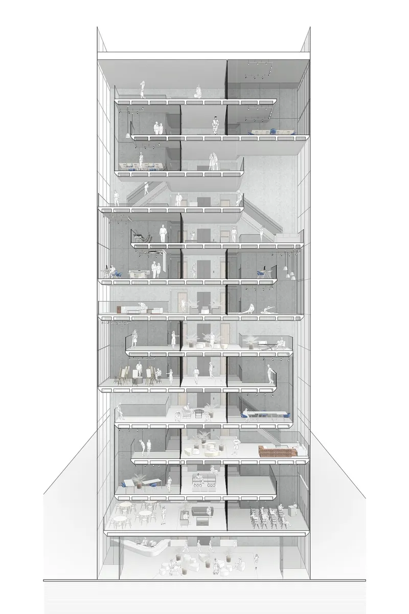 Section drawing revealing multi-storey interior volumes with scissor stairs and occupants throughout