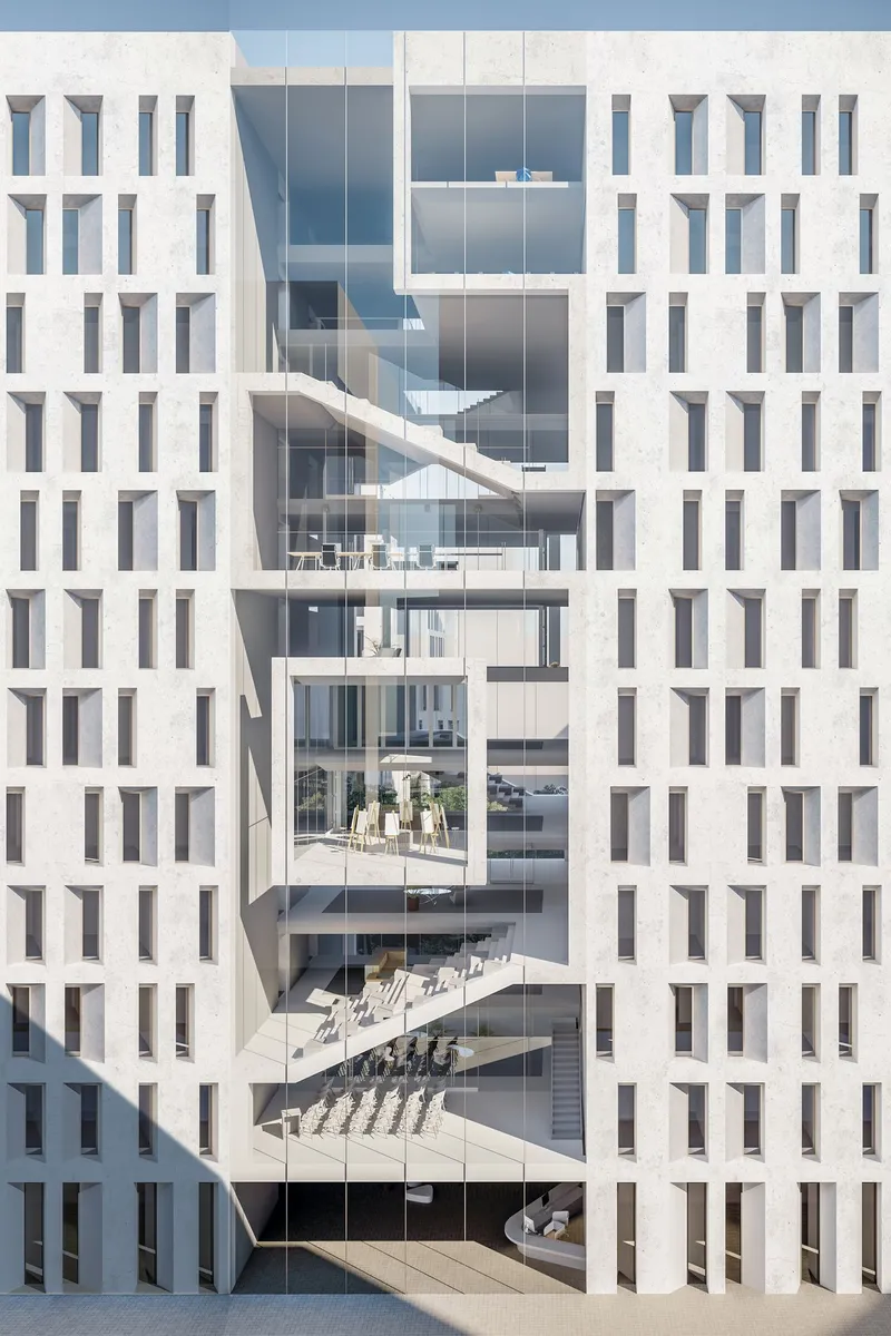 Facade cutaway exposing zigzagging interior staircases behind white punched-window elevations
