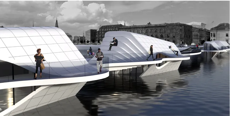 Waterfront floating pedestrian bridge with undulating white paneled volumes and people walking under cloudy skies