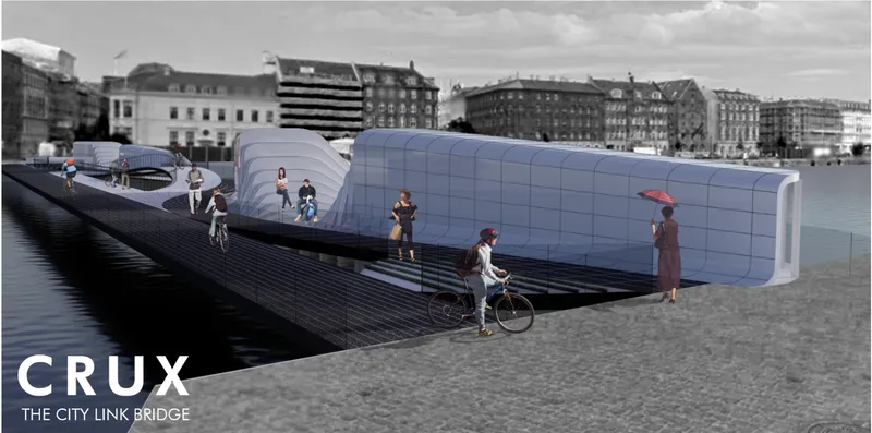 Floating pedestrian walkway with timber decking and translucent curved pavilions along a harbor edge