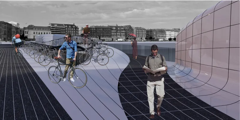 Bridge deck with bicycle parking racks beneath translucent curved canopy and cyclists passing through