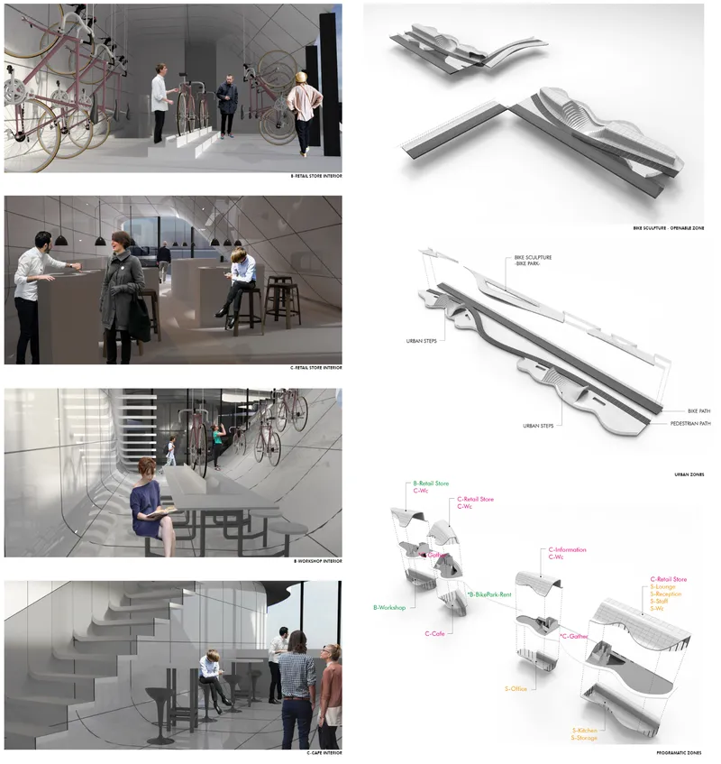 Composite board showing interior renderings and axonometric diagrams of bridge structure and programmatic modules