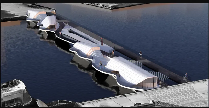 Aerial view of the linked floating pavilions with white gridded roofs extending along the waterfront