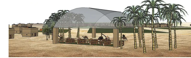 Section rendering of a covered gathering space framed by palm trees in a sandy desert landscape