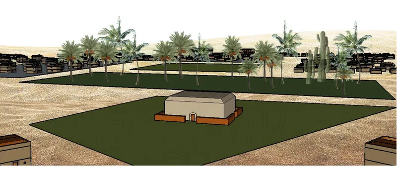 Axonometric view of a vault-roofed dwelling surrounded by lawns and palm trees in arid terrain