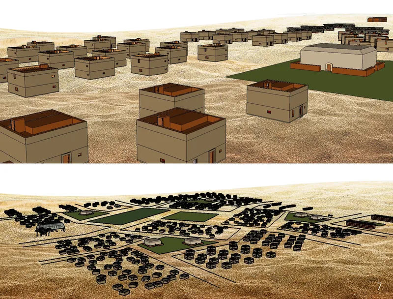 Aerial rendering showing clusters of flat-roofed housing units dispersed across sand with planted green zones