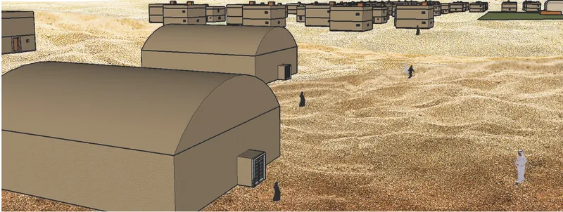 Eye-level view of barrel-vaulted structures with figures walking through the sandy desert terrain