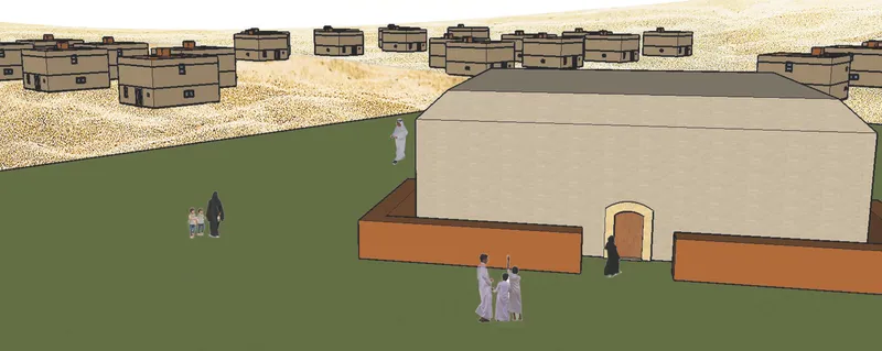 Corner view of a vaulted dwelling with orange base and arched entry where figures gather