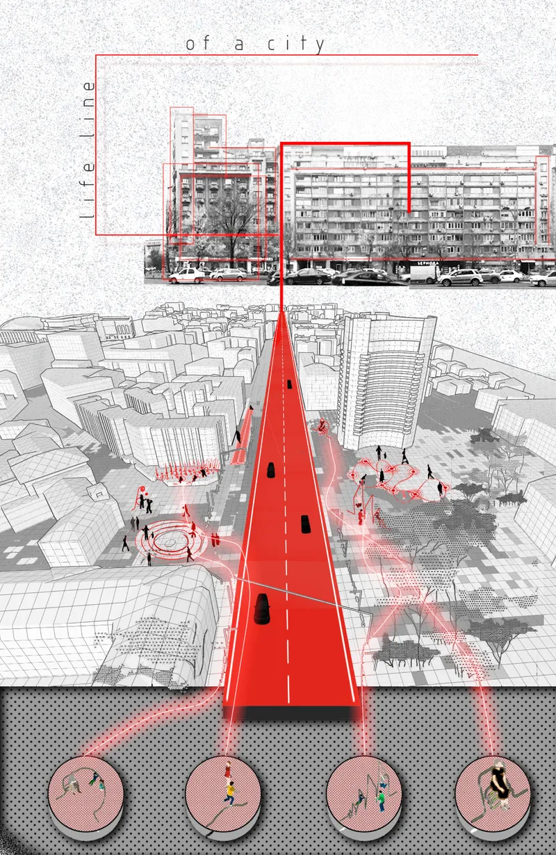 Composite drawing showing photograph of housing blocks above perspective section of red pedestrian bridge with people