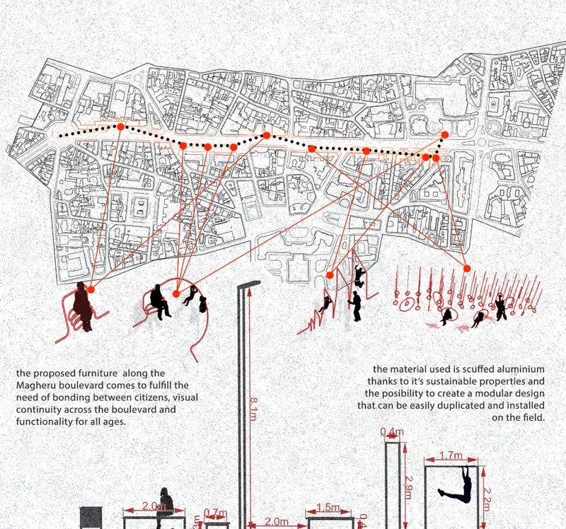 Urban plan drawing with site map and silhouettes illustrating proposed street furniture and modular aluminum structures