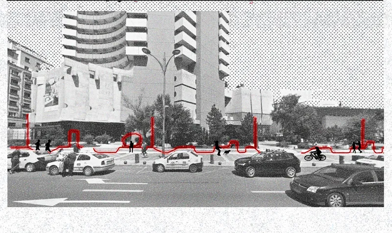 Street view with parked cars and red outline tracing proposed pedestrian pathway through the plaza