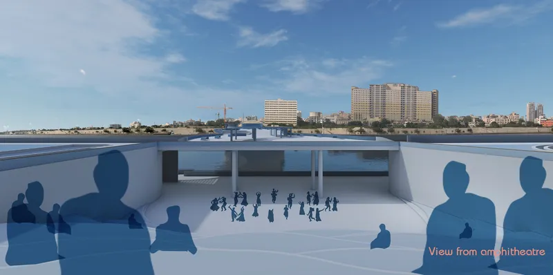 Rendering of the sunken amphitheater space looking toward horizontal openings framing the river and skyline
