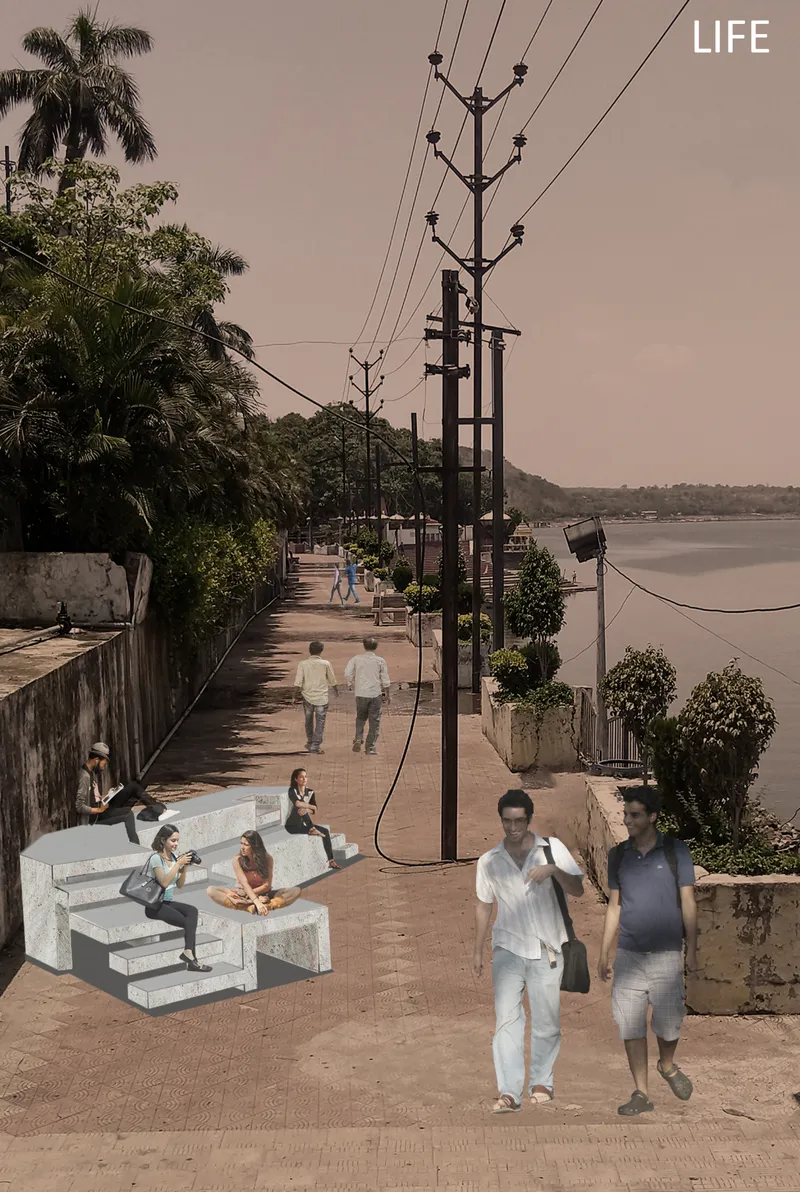 Lakeside promenade with white concrete seating blocks and pedestrians walking beneath power lines and palm trees