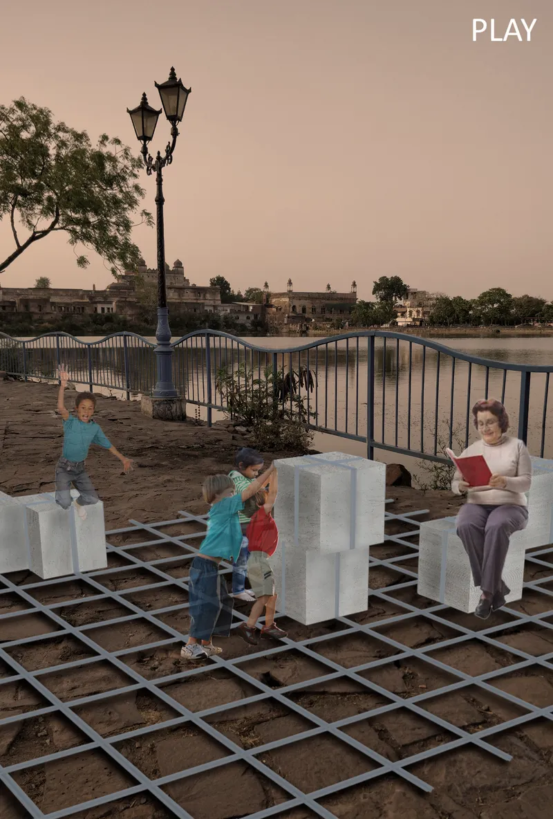 Raised metal grid platform with white cubic seating elements where children play near a blue railing and lamppost