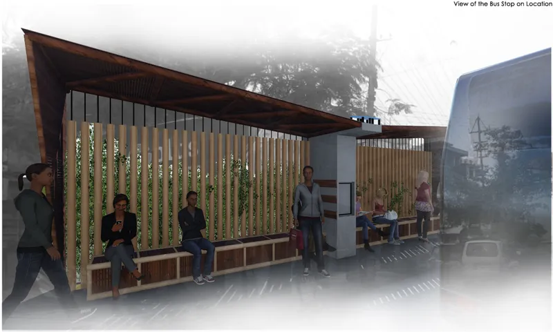 Bus stop shelter with vertical timber slats and planted screens with people waiting beneath the angled canopy