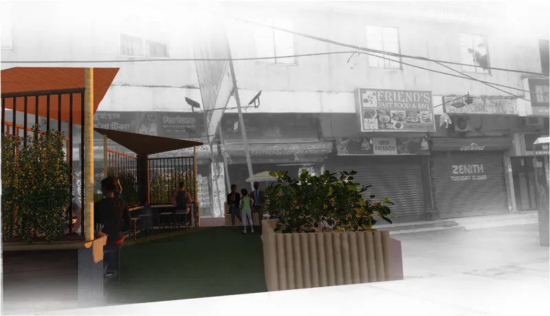 Street view rendering showing the planted bus shelter module inserted into an existing urban roadway context