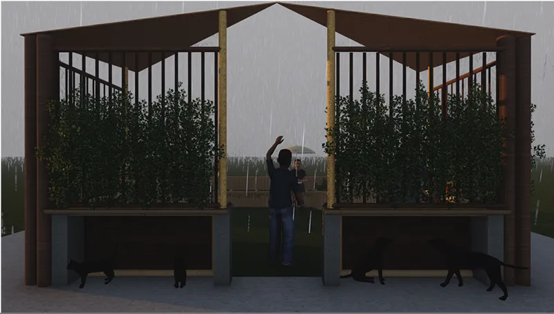 Symmetrical elevation of two timber-framed modules with hanging planters and a person standing between them at dusk