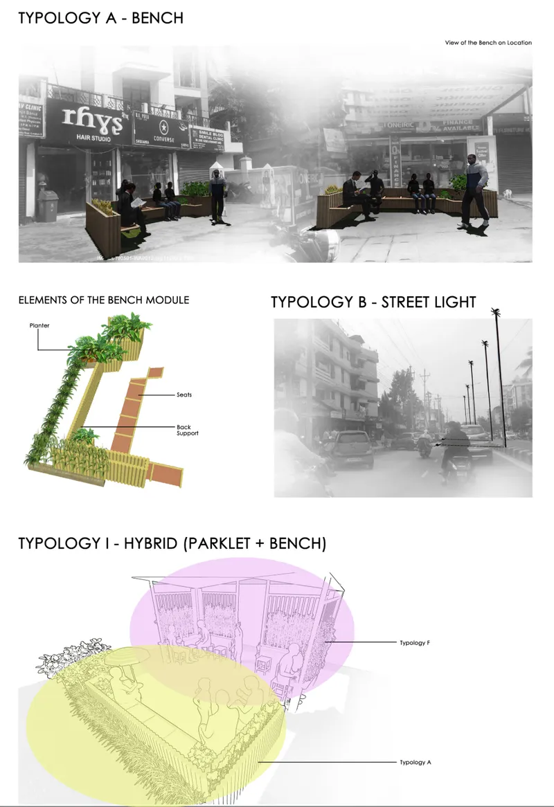 Diagram showing three typologies including bench modules with integrated planters and hybrid parklet-bench configurations