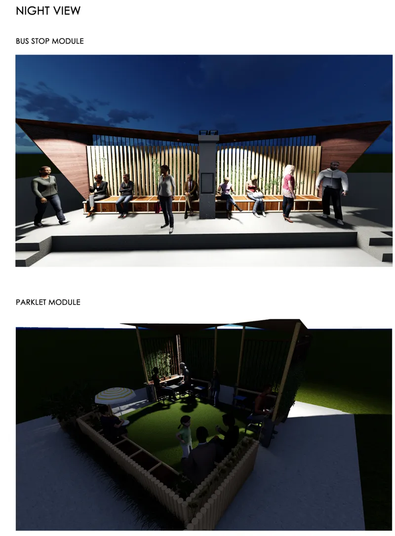 Night view model of the illuminated bus stop module and top-down view of the planted parklet module