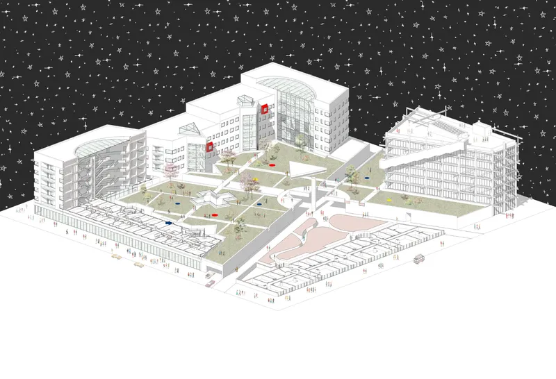Isometric drawing showing residential blocks arranged around a terraced central courtyard with landscaped green roofs