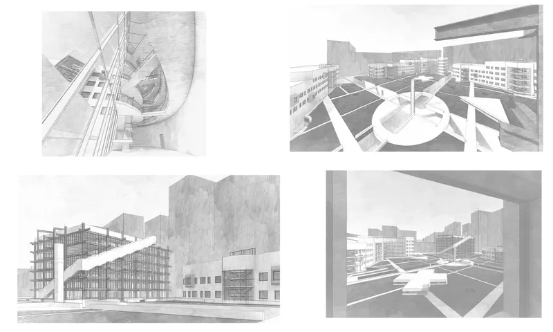 Four perspective sketch studies exploring the curving rooftop landscape and angular building volumes from different viewpoints