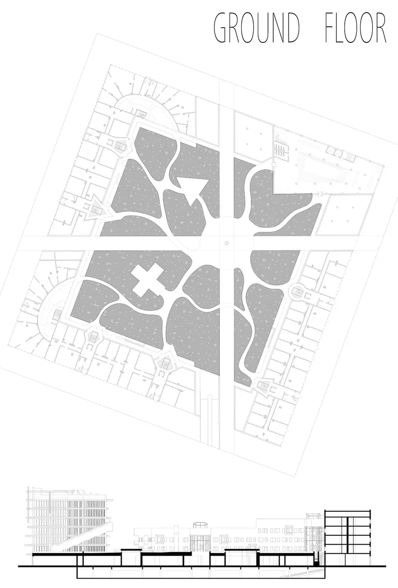 Ground floor plan and section drawing showing the radiating garden paths and surrounding residential perimeter blocks