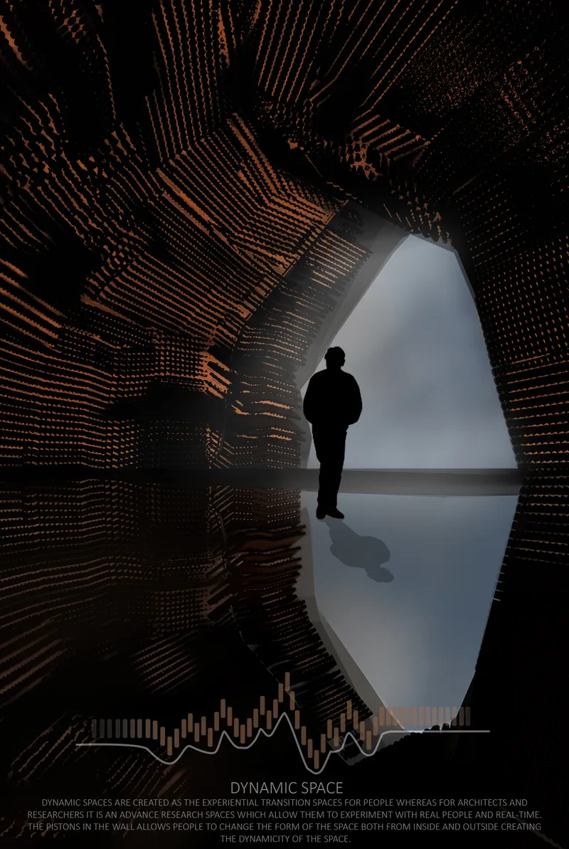 Silhouetted figure standing in an arched passage lined with pixelated copper-colored volumetric surfaces
