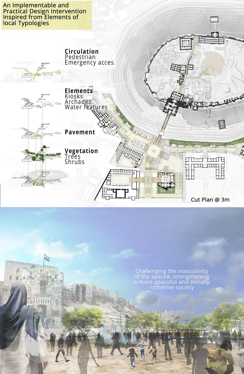 Plan view and perspective rendering showing a pedestrian plaza with trees beneath a hillside citadel