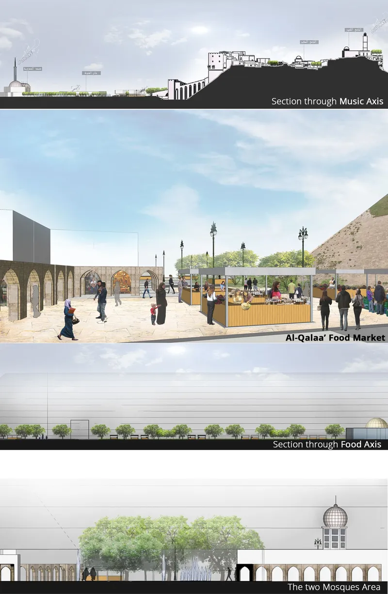 Section drawings and elevation views depicting arcaded public spaces along sloped topography with vegetation