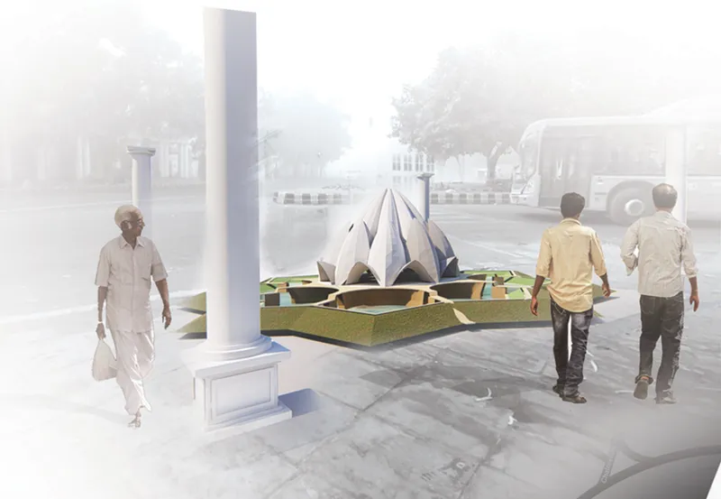 Street view rendering of a pavilion module with white columns and pedestrians in morning haze