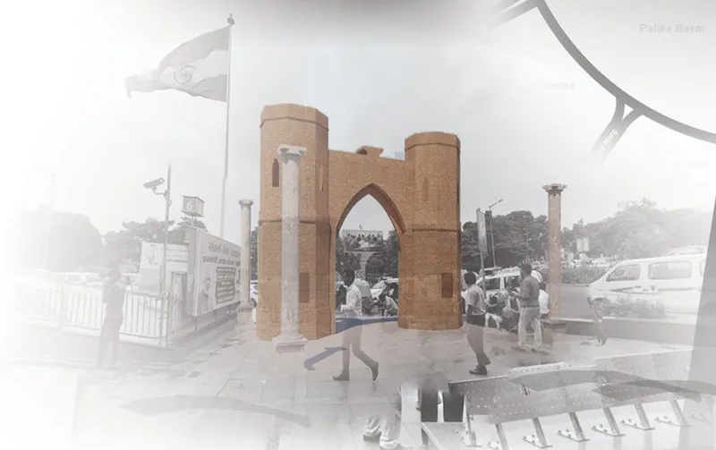 Brick arched gateway with flanking white columns on a plaza with pedestrians and traffic