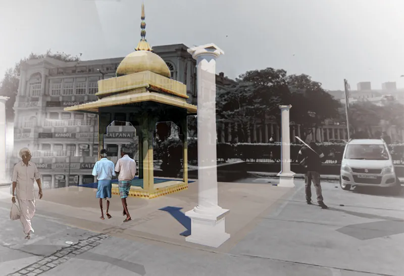 Pavilion with golden dome and white columns set in a plaza with pedestrians and vehicles