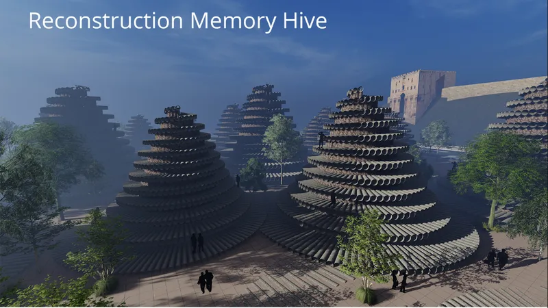 Cluster of conical stepped towers with cantilevered tiers among trees and pedestrians at dusk