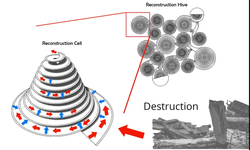 Diagram drawing showing material flow from destruction debris through individual cells to clustered hive assembly