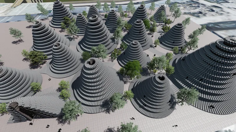 Elevated view of conical pavilions with layered rings dispersed across a paved plaza with scattered trees