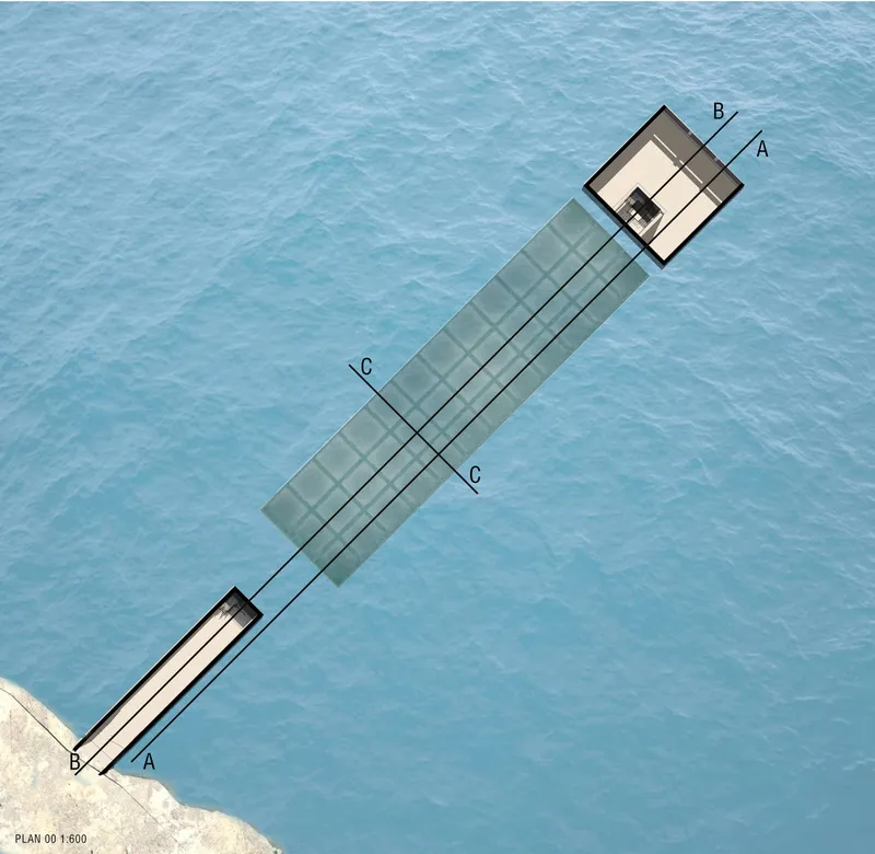 Plan drawing showing a linear pier with two pavilions connected by a transparent walkway over water