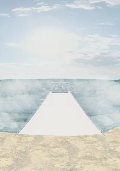 This architectural image presents a minimalist pier extending into a calm ocean under a bright, clou