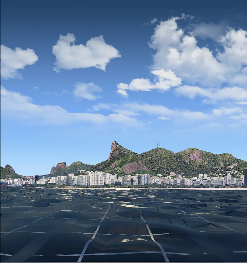 View across dark water toward a coastal hillside with antenna tower under blue sky