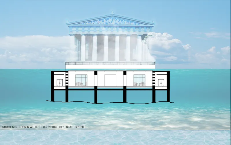 Section drawing showing a columned pavilion above submerged gallery spaces supported on piles