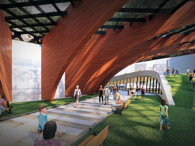 Rendering of curving timber ribs framing an outdoor amphitheater with people gathering on the lawn