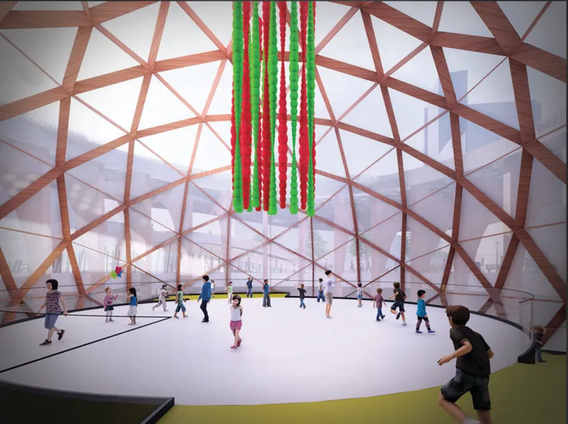 Interior view under a geodesic timber dome with visitors standing on a white floor