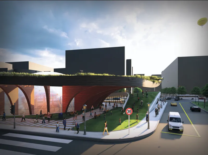 Rendering of an elevated green roof deck with timber arches above a pedestrian street