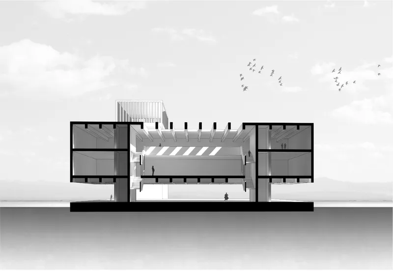 Section drawing showing three wings radiating from a central covered courtyard with vertical louvers and birds overhead