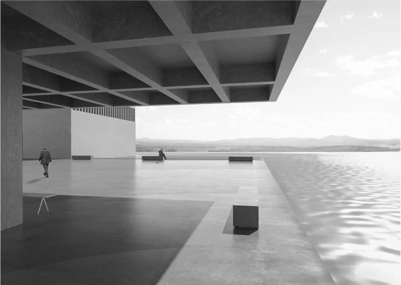Covered terrace with concrete coffered ceiling and geometric beams overlooking a body of water at dusk