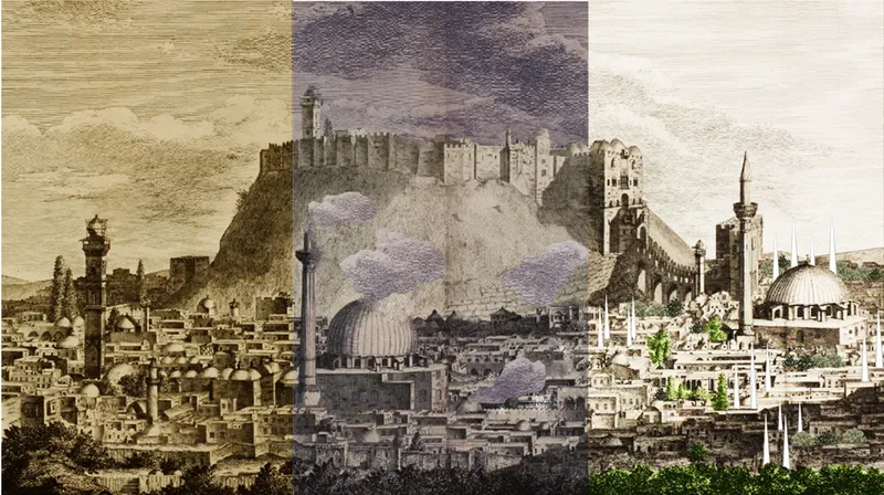 Collage of three historical cityscape illustrations showing fortified walls and domed structures