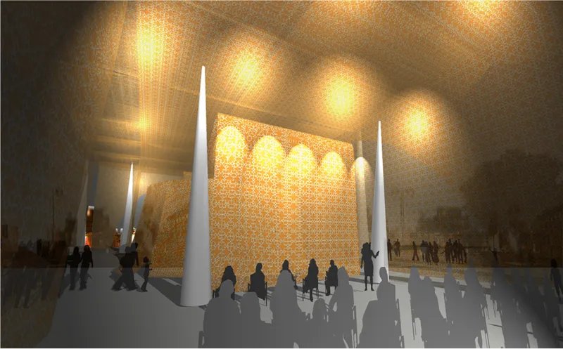 Rendering of a perforated golden wall flanked by slender white spires with figures below