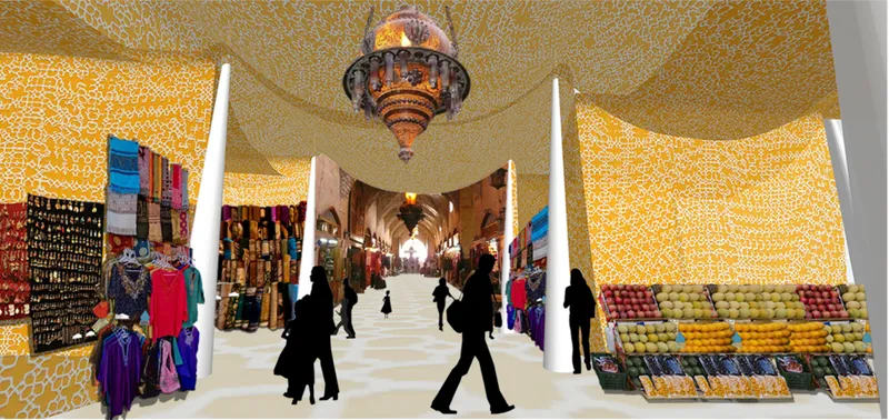 Interior corridor with patterned golden ceiling, market stalls, and shoppers passing through white conical columns