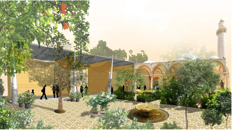Garden courtyard with fruit trees, a pavilion with golden screens, and a minaret visible beyond