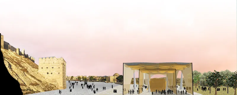 Section drawing showing a pavilion structure with arched openings set between a fortified wall and trees