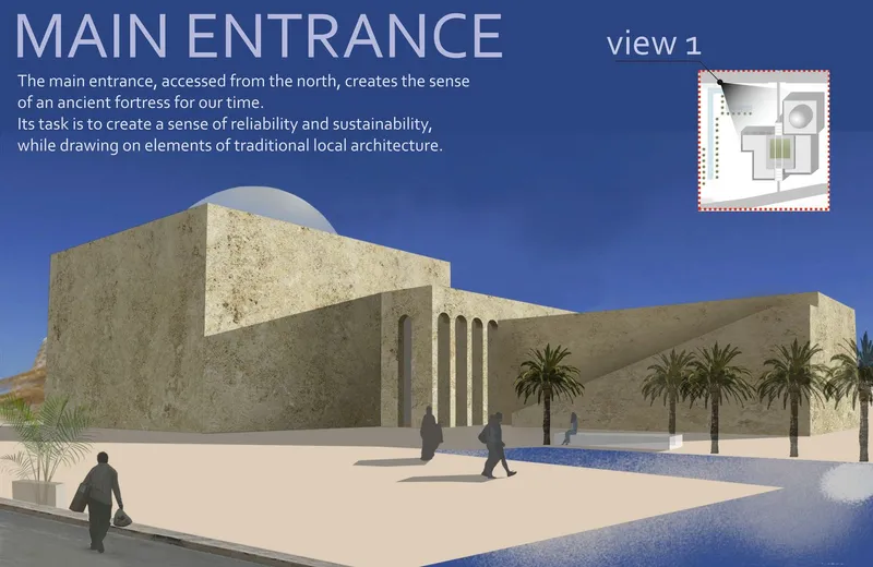 Rendering of a sand-colored stone entrance facade with arched recesses and palm trees beside a blue water feature